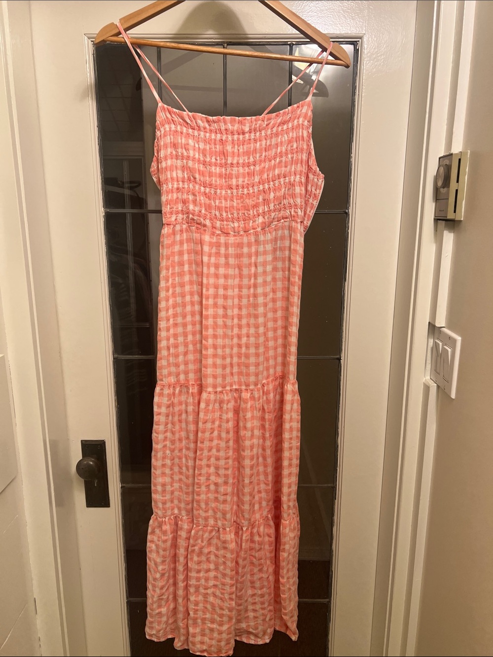 Smocked Gingham Maxi Dress in Coral Pink